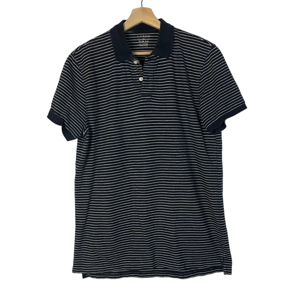 J. Crew Slim Striped Pique Polo Navy Blue & White Stripe Short Sleeve Polo L